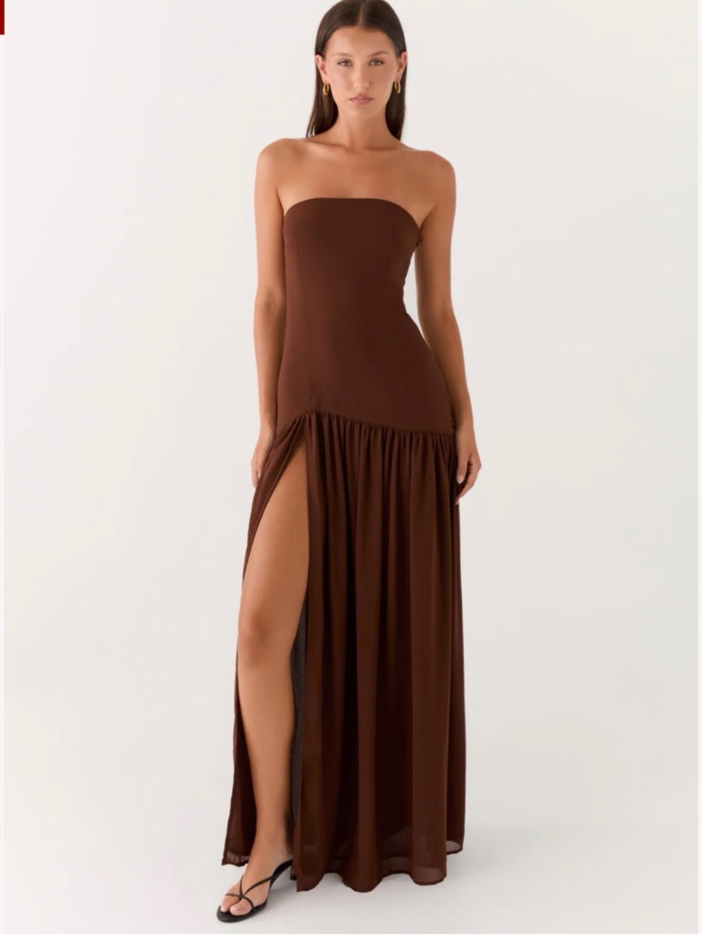 Peppermayo Brown Strapless Maxi Dress with High Slit